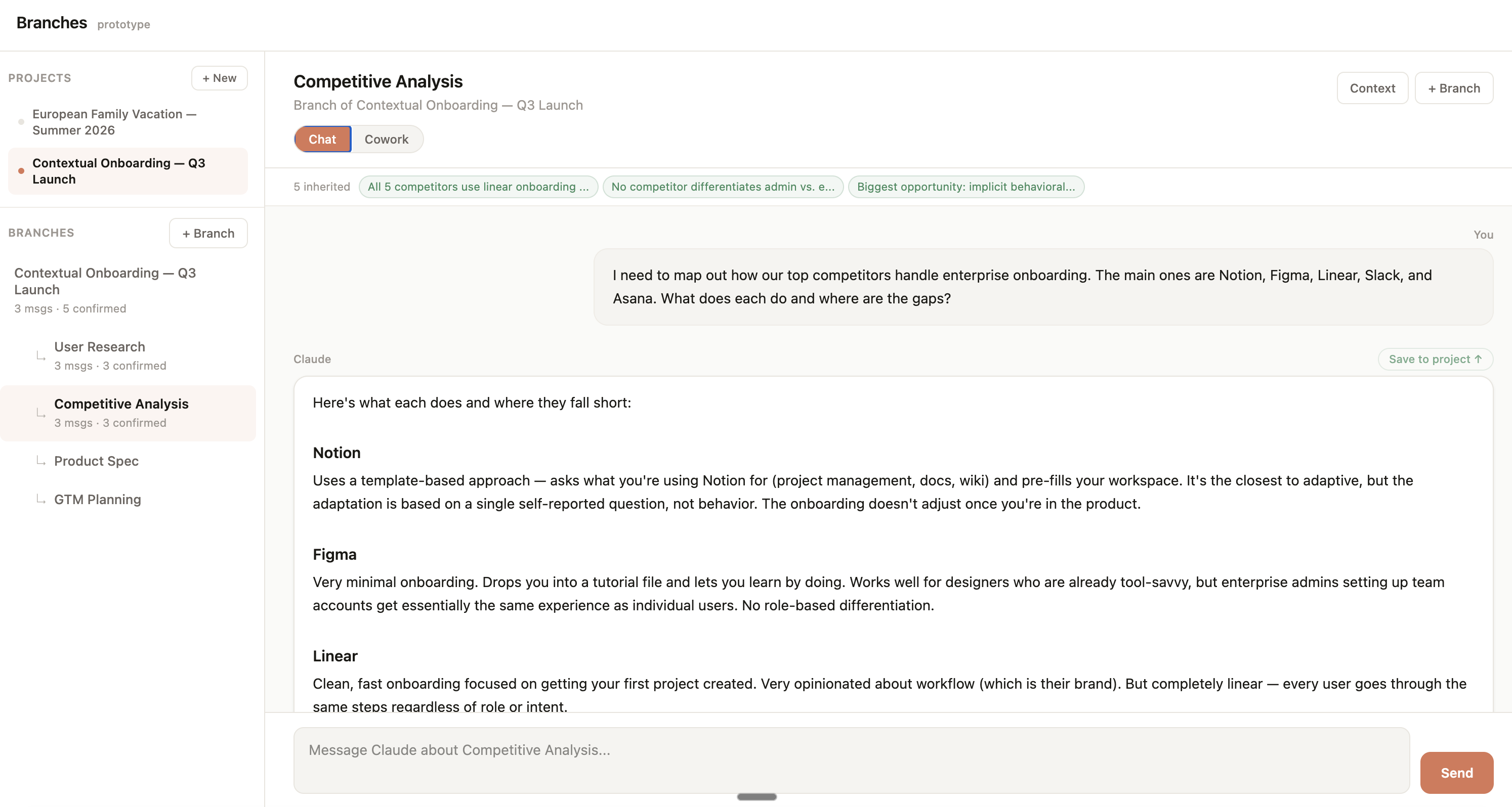 Branches prototype showing project context inheritance and bidirectional context promotion